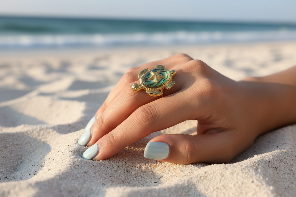 Bague tortue - main posée sur le sable